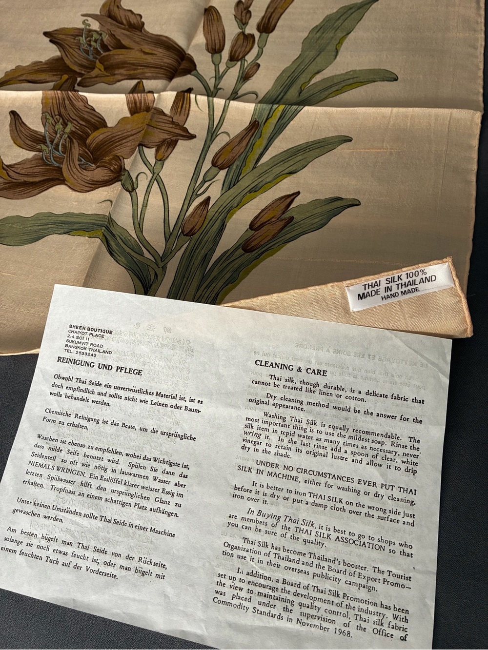 Handmade Thai Silk Scarf with Brown & Green Lily Motif